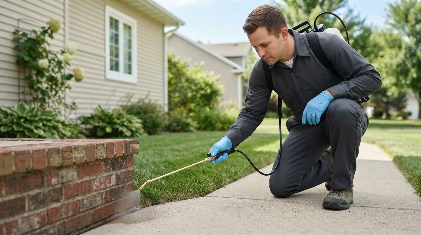 Pest control technician treating a home near Monroeville, IN