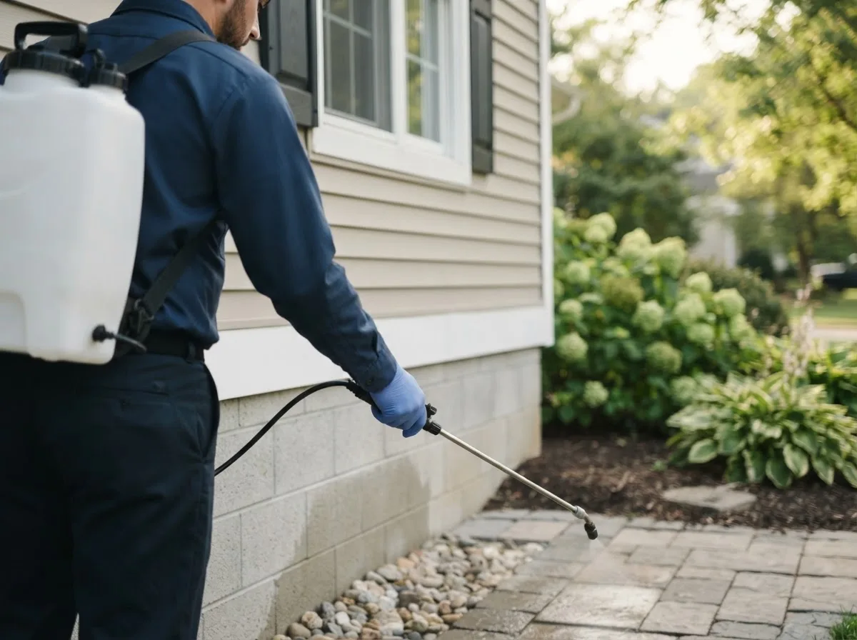 Pest control technician inspecting a home in Monroeville, IN
